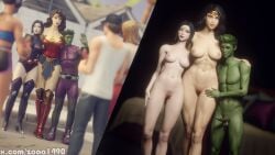 1boy 2girls 3d beast_boy beast_boy_(fortnite) black_hair blender_(software) breasts dc dc_comics dressed_undressed erection female fortnite fortnite:_battle_royale hiding looking_at_viewer male multiple_boys multiple_girls muscular naked naked_female naked_male nipples nude nude_female nude_male painted_nails penis posing raven_(dc) raven_(fortnite)_(dc) standing superhero vagina wonder_woman wonder_woman_(fortnite) zaaa1490