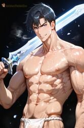 1boy abs ai_generated armpit_hair bara black_hair blue_eyes fundoshi goldenfieldszho holding holding_sword holding_weapon japanese_clothes large_pectorals looking_at_viewer male_focus male_only male_pubic_hair male_underwear manly muscular muscular_male navel navel_hair nipples over_shoulder pectorals pubic_hair short_hair smile solo solo_leveling sung_jin_woo sweat sword topless_male underwear weapon weapon_over_shoulder wet wet_clothes