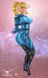 blonde_hair bondage bound box_tie female female_only femsub fully_clothed gloves ponytail reptileye rope samus_aran shiny_clothes starry_sky stars tight_clothing zero_suit zero_suit_samus