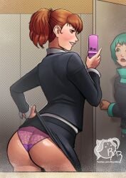 2girls ass bathroom better_version_at_source big_ass blue_hair brown_hair exhibitionism exhibitionist female female_only female_protagonist_(persona_3) flashing flashing_panties fuuka_yamagishi kotone_shiomi large_ass lowres megami_tensei mirror mirror_selfie multiple_girls panties persona persona_3 persona_3_portable phone razillon red_eyes selfie yamagishi_fuuka