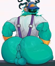 anthro anus ass ass_focus back_muscles balls bara biceps big_butt bubble_butt clothing curvy_figure digital_drawing_(artwork) digital_media_(artwork) gay genitals ghost green_body green_eyes headgear hi_res huge_ass humanoid janitor_thresh league_of_legends male male_only mentholplug muscular muscular_male presenting presenting_hindquarters rear_view riot_games simple_background solo spirit tencent the_grind_series thick_thighs thresh topwear triceps voluptuous