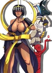 2boys albus_(skullgirls) bangs bare_shoulders black_dress black_hair blue_eyes blunt_bangs bob_cut breast_slip breasts cleavage dark-skinned_female dark_skin dress egyptian eliza_(skullgirls) female hagoromo halterneck horace_(skullgirls) kamina1978 large_breasts makeup multiple_boys nipple_slip no_bra shawl shiny shiny_skin short_hair side_slit skullgirls smile strap_gap tiara vambraces