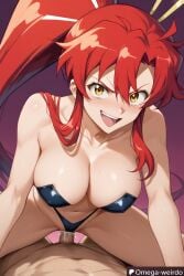 1girl1boy ai_generated big_breasts cum evil_face evil_smile female long_hair looking_at_viewer omega-weirdo open_mouth patreon ponytail pov red_hair sex straddling tengen_toppa_gurren_lagann underwear yellow_eyes yoko_littner