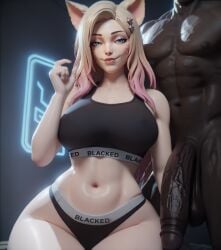 1boy 1girls ahri ai_generated animal_ears blacked blacked_clothing blonde_hair blue_eyes breasts dark-skinned_male dark_skin faceless_male female interracial k/da_ahri k/da_all_out_series k/da_series league_of_legends light-skinned_female light_skin long_hair male multicolored_hair muscular_male narrow_waist panties pinching_gesture pink_hair queensphynx riot_games small_penis_humiliation smiling_at_viewer smirk sports_bra standing straight wide_hips