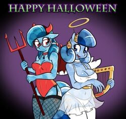 2018 2girls angel_costume angel_outfit anthro blue_body blue_eyes blue_hair cleavage crystal_pony_(mlp) devil_costume devil_outfit dress fishnets halloween halo happy harp heart_song historia_(whatsapokemon) medium_breasts my_little_pony my_little_pony_friendship_is_magic panties pitchfork red_eyes see-through_skirt short_hair tail thighhighs whatsapokemon