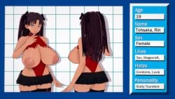 1girls 3d alternate_body_type alternate_breast_size areolae black_hair blue_eyes breasts different_angle fate/stay_night fate_(series) female female_only huge_breasts koikatsu large_areolae leotard mike_oxlong miniskirt nipples ripped_clothing solo tan-skinned_female tan_body text thighhighs tohsaka_rin twintails