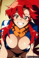 1girl1boy ai_generated big_breasts big_smile bikini female half_naked indoors jacket jacket_open looking_at_viewer omega-weirdo patreon ponytail pov red_hair scarf sex sidelocks smile straddling tengen_toppa_gurren_lagann yellow_eyes yoko_littner