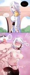 big_breasts blush collar comic doggy_style dubious_consent english english_text female female_focus from_behind instant_loss_2koma kortoon@ legwear light_skin male muscular_male nagi_(player) one_eye_closed pink_nipples player_(oh_hyeon-jun) red_eyes sweat white_hair