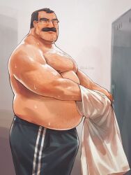 blush bulge dad_bod facial_hair flaccid glasses kuki1210 male male_only moustache shirtless solo solo_male sweat sweating