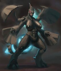 3_claws 3_fingers 3_toes abs anthro areola big_breasts black_areola black_body black_nipples breasts clawed_fingers claws facial_horn feet female fingers generation_5_pokemon glowing glowing_eyes hi_res horn legendary_pokemon looking_at_viewer muscular muscular_female navel nintendo nipples non-human_areolae nose_horn open_mouth pokemon pokemon_(species) red_eyes sharp_teeth solo spectrumshift tail teeth toes tongue wings zekrom