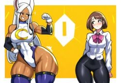 2girls ai_generated big_breasts blush brown_hair chocolate_and_vanilla clothed curvy dark-skinned_female dark_skin female_only flexing gloves light-skinned_female light_skin long_hair looking_at_each_other mirko miruko mullon muscular muscular_female my_hero_academia novelai ochako_uraraka older_female rabbit_ears rabbit_girl rumi_usagiyama short_hair smile superheroine thick_thighs white_hair wide_hips younger_male