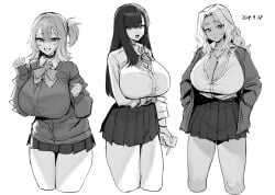 3girls blonde_hair bow bowtie breasts cellphone cleavage cropped_legs dark-skinned_female dark_skin frown greyscale grin gyaru highres holding holding_phone hotate-chan huge_breasts long_hair monochrome multiple_girls one_side_up open_mouth original parted_bangs partially_unbuttoned phone pleated_skirt shirt skirt smartphone smile unbuttoned unbuttoned_shirt