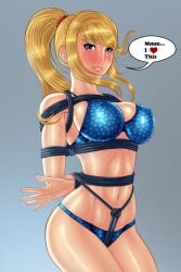 blonde_hair bondage bound boxtie crotch_rope english_text female female_only femsub happy happy_sub metroid ponytail reptileye revealing_clothes rope samus_aran text underwear