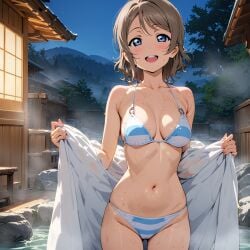 ai_generated bikini breasts brown_hair cleavage female love_live! love_live!_sunshine!! medium_breasts navel onsen short_hair solo stomach swimsuit watanabe_you wet