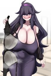 1girls @_@ absurdres ahoge black_bra blush bra breasts cleavage covered_erect_nipples covered_navel creatures_(company) dress female female_focus fingernails game_freak hairband half-closed_eyes hex_maniac highres holding holding_bra holding_underwear holding_unworn_clothes huge_breasts kurorettsu long_hair looking_at_viewer matching_hair/eyes nail_polish navel nintendo open_mouth pale_skin pokemon pokemon_xy presenting_bra purple_dress purple_eyes purple_hair purple_nails shiny_skin sidelocks sitting solo steam sweaty_bra underwear wide_mouth