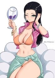 1girls bikini black_hair blue_eyes bracelets breasts cleavage cropped_jacket elpipe3000 female female_only holding_wine_glass jacket large_breasts long_hair looking_at_viewer midriff milf navel nico_robin one_eye_closed one_piece orange_bikini orange_swimsuit pearl_bracelet pink_jacket sarong smile swimsuit wine_glass