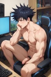 1boy abs ai_generated another_megumi bangs bara black_hair blue_eyes blush bookshelf chair collarbone completely_nude computer desk erection flaccid fushiguro_megumi indoors jujutsu_kaisen keyboard_(computer) large_pectorals male_focus male_pubic_hair monitor muscular muscular_male navel nipples nude office_chair parted_lips pectorals penis pubic_hair short_hair sitting solo spiked_hair sweat testicles thighs toned_male uncensored