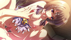 areolae blush breast_grab breasts brown_hair cum facial female game_cg hishida_ayame indoors large_breasts long_hair male minori natsuzora_no_perseus nipples penis purple_eyes pussy sex straight sweat uncensored vaginal_penetration yuzuna_hiyo