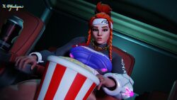 3d brigitte brigitte_lindholm chain_necklace cinema covering_penis futa_only futanari half-dressed le_sserafim looking_at_viewer overwatch popcorn solo_futa top_only yeetiques