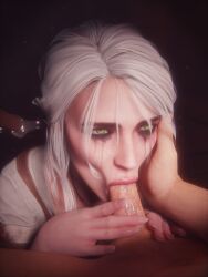 1girls :>= blowjob checkpik ciri fellatio female green_eyes head_grab light-skinned_female light-skinned_male male mascara mascara_tears penis scar sucking_penis the_witcher_(series) the_witcher_3:_wild_hunt white_hair