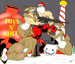 abs ammo_belt anthro ass bag beard big_breasts breasts cervine christmas cigar collar english_text facial_hair female glowing_nose group gun hat holding holding_weapon holidays hooves human leash male male_human/female_anthro mammal muscles nude ranged_weapon red_nose reindeer santa_claus smoke snow snowing surprised text topless tree weapon wide_hips zp92