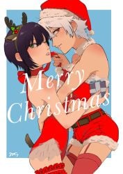 2girls alternate_costume blue_background christmas christmas_outfit fake_antlers female female_only fur_trim garter_straps genderswap_(mtf) ginko_sakata gintama gintoki_sakata looking_at_viewer one_eye_closed purple_hair red_legwear red_thighhighs reindeer_antlers reindeer_costume rule_63 santa_hat short_hair short_shorts smile stockings takasugi_shinsuke thighhighs very_short_hair white_hair yuri