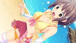 bikini brown_eyes brown_hair censored detached_sleeves female game_cg highres kitami_minamo koutaro open_mouth pleated_skirt pussy short_hair skirt skirt_lift striped striped_legwear thighhighs tropical_vacation twinkle_soft