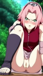 ai_generated blush embarrassed exposed_pussy legs_spread naruto sakura_haruno