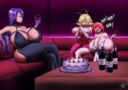 3girls big_ass big_breasts cake cleavage dress drunk female_pred female_prey huge_ass huge_breasts hyper_breasts justvoringaround pre_vor voluptuous vore wine