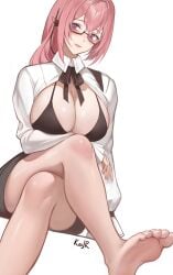 artist_name bare_legs barefoot black_bow black_bowtie black_bra black_skirt blush bow bowtie bra breasts closed_mouth crossed_legs earphones feet female foot_fetish foot_focus glasses highres kaiiijr large_breasts long_hair pink_hair purple_eyes shirt simple_background sitting skirt soles solo toes tsukishiro_yanagi underwear white_background white_shirt zenless_zone_zero