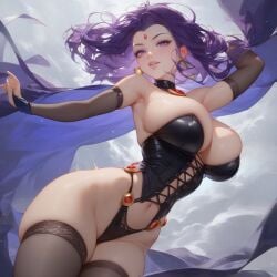 ai_generated dancing forehead_jewel hips large_breasts leotard purple_hair rachel_roth raven_(dc) skindentation thighs