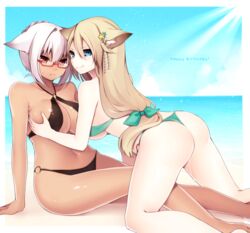 2girls all_fours animal_ears aqua_bikini aqua_eyes bare_legs beach bikini black_bikini blonde_hair bocas_top breast_grab breasts cloud dark_skin glasses hair_ornament horizon large_breasts lavender_hair long_hair low-tied_long_hair multiple_girls muryou navel o-ring_bikini o-ring_top ocean phantasy_star phantasy_star_online_2 red-framed_glasses red_eyes semi-rimless_glasses short_hair sitting sky smile sunlight sweatdrop swimsuit under-rim_glasses