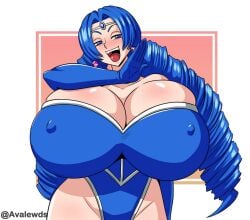 avalewds blue_eyes blue_hair drill_hair female glamorous heroine massive_breasts megaflare08 nipples_visible_through_clothing original_character tall_female