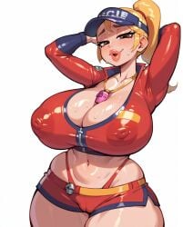 1girls ai_generated armpits blonde_hair breasts brown_eyes cameltoe cleavage clothed clothing female female_only fortnite fortnite:_battle_royale huge_breasts navel nipple_bulge ponytail rocksolidart solo solo_female sunstrider_(fortnite) wide_hips