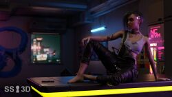 3d barefoot cyberpunk cyberpunk_2077 feet foot_fetish judy_alvarez nude nude_female tattoo