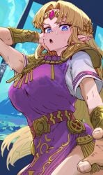 1girls a_link_to_the_past big_breasts blonde_hair blue_eyes breasts elf highres ishijimajirou large_breasts looking_at_viewer nintendo open_mouth pointy_ears princess_zelda royalty sweat tagme the_legend_of_zelda the_legend_of_zelda:_a_link_between_worlds zelda_(a_link_to_the_past)