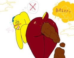 anthro anus ass blue_body blush blushing_profusely bodily_fluids breath brown_body candy candy_scat chocolate dessert fakemon fart fart_cloud feces female floppy_ears flying_sweatdrops food food_creature fur lagomorph leporid living_marshmallow mammal mochamel_(theonetruesinner) nude nude_anthro nude_female open_mouth peeps rabbit raised_tail scat scut_tail short_tail simple_background solo sound_effects spiral spiral_eyes sweat sweatdrop tail text theonetruesinner thought_bubble toilet unusual_feces white_background yellow_body yellow_fur