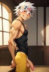 abs ai_generated balls biceps big_balls big_penis blush gay headband looking_at_viewer male male_only muscular muscular_male nipples pecs penis red_eyes smile soul_eater soul_eater_evans sweatpants tank_top toned_body toned_male twall97 white_hair