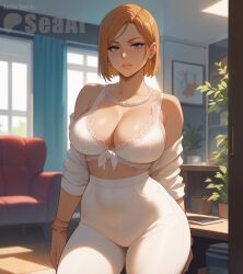 1girls ai_generated big_breasts bra cleavage cowboy_shot curvaceous curvy curvy_body curvy_female curvy_figure earrings jujutsu_kaisen kugisaki_nobara looking_at_viewer necklace seacreator solo standing white_pants