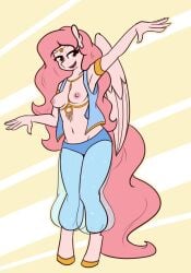 1girls 2018 angelic_grace_(blissu) breasts breasts_out dancing female female_focus female_only happy harem_outfit jewelry medium_breasts my_little_pony my_little_pony_friendship_is_magic nipples pegasus pink_body pink_eyes pink_hair solo solo_female solo_focus tail very_long_hair very_long_tail vest_only whatsapokemon wings yellow_background