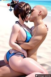 1girl1boy ai_generated beach big_breasts bikini breast_press brown_hair closed_eyes female glasses hair_up kissing kissing kissing_while_penetrated mei_(overwatch) muscular_male ocean_background omega-weirdo outside outside_sex overwatch overwatch_2 patreon public_sex stick_in_hair