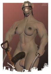 3d_(artwork) 5_fingers absurd_res animal_genitalia animal_penis anthro areola armor artist_logo artist_name balls big_balls biped black_areola black_hair black_lips black_nipples black_penis border breasts brown_eyes digital_media_(artwork) equine_genitalia equine_penis fingers genitals gradient_background grey_balls grey_body grey_breasts grey_tail gynomorph hair hard_hat headgear helmet hi_res holding_object horn intersex lips logo looking_at_viewer mammal muscular muscular_anthro muscular_gynomorph muscular_intersex navel nipples nude penis pink_background pupils rhinoceros s87 shovel simple_background solo standing tail tools white_border white_horn