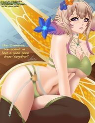 1girls aramyx bare_thighs bedroom_eyes blonde_hair bra breasts cleavage english_text fairy fairy_wings female female_only fire_emblem fire_emblem_heroes garter_belt green_panties inviting inviting_to_sex kneeling large_breasts looking_at_viewer multicolored_hair nintendo panties peony_(cherished_dream)_(fire_emblem) peony_(fire_emblem) pink_eyes sideboob smile solo text thighhighs thighs underboob underwear wings