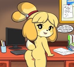 animal_crossing anthro anus areola ass canid canine canis computer dialogue domestic_dog electronics female fur furniture genitals hair hi_res isabelle_(animal_crossing) jhussethy mammal nintendo nude officer presenting pussy shih_tzu smile solo speech_bubble table toy_dog yellow_body yellow_fur