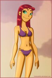 1girls bikini cartoongirls dc dc_comics purple_bikini red_hair starfire swimsuit teen_titans