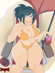 beach beach_chair belly_button big_ass big_breasts big_butt big_thighs bikini black_hair brock903 collarbone drink eyelashes eyelashes_visible_through_hair glasses glasses_on_head holding_object in_shade looking_at_viewer mii open_commmission orange_bikini peace_sign ponytail ponytail_female posted_by_artist relaxed relaxed_expression relaxing self_upload shade shaded sitting sitting_on_chair soda solo solo_female solo_focus sunlight tomodachi_life umbrella