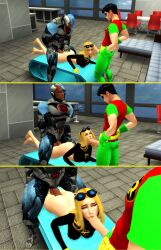 1girls 2boys 3d cyborg_(dc) dark-skinned_male dark_skin dc dc_comics dick_grayson fellatio interracial male pof3445 robin_(dc) robin_(dick_grayson) sex_on_table sims4 spitroast teen_titans terra_(dc) threesome vaginal_penetration