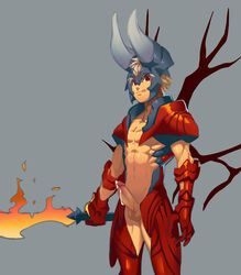 1boy armor blade blonde_hair cum cumdrip doom_(dota_2) dota dota_2 erection fire gauntlets hair headgear helmet horns looking_at_viewer lvlv male male_only penis red_eyes shirtless simple_background solo spiked_hair sword tongue tongue_out weapon