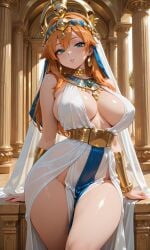 ai_generated arm_support bangs bare_shoulders blush bracer breasts breasts_apart cleavage clothing column curvy dress earrings egyptian_clothes female female_only gold gold_choker green_eyes hair_between_eyes harem_outfit huge_breasts indoors jewelry kasumi_(pokemon) large_breasts long_hair looking_at_viewer neck_ring necklace no_panties orange_hair parted_lips patreon_username pelvic_curtain pillar pokemon pokemon_(anime) pokemon_(classic_anime) pokemon_rgby sideboob solo thick_thighs thighs usekh_collar veil white_dress wide_hips