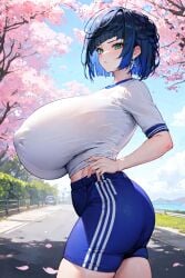 1girls ai_generated alternate_breast_size breasts_bigger_than_head breasts_bigger_than_torso cherry_blossoms detailed_background exhausted from_side genshin_impact gigantic_breasts gym_clothes gym_shirt gym_uniform heavy_breathing huge_breasts looking_away mature_female mihoyo pose road sagging_breasts see-through stable_diffusion standing summer sunlight sweat taut_clothes thick_thighs video_games wide_hips xenomon yelan_(genshin_impact)